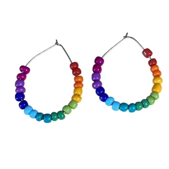 Jewelry - Rainbow Beaded Hoop Earrings Multicolor Seed Bead Teardrop Boho Pride Jewelry